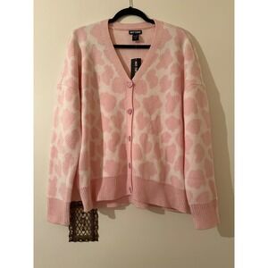 Hot Topic Pink Cow Print Oversized Cardigan Sweater Heart Buttons NWT M 16350371